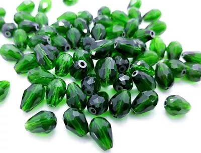 £1 • Buy 10x Transparent Faceted Teardrop Beads 11mm - Green Or Dark Green
