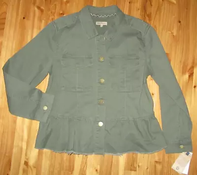 Democracy M Olive Peplum Button Up L/S Snap Pockets Casual/Dress Jean Jacket NWT • $119.90