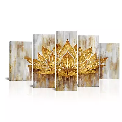 Sechars 5 Piece Lotus Flower Wall Art Abstract Golden Floral Painting Canvas ... • $136.52