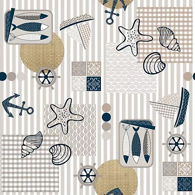£7.99 • Buy Nautical Beach Fun Grey Beige PVC Vinyl Wipe Clean Oilcloth Tablecloth