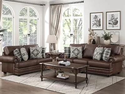 Traditional Living Room Furniture Brown Microfiber Fabric Sofa Loveseat Set IG52 • $1697.88