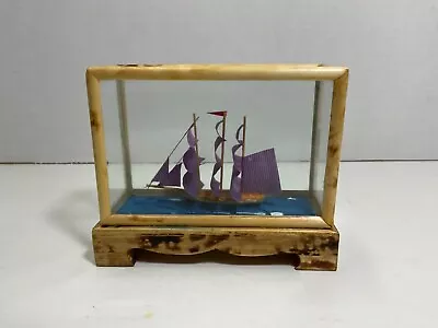 Vintage Decorative Miniature Ship In Glass Box And Bamboo Display Case • $24.99