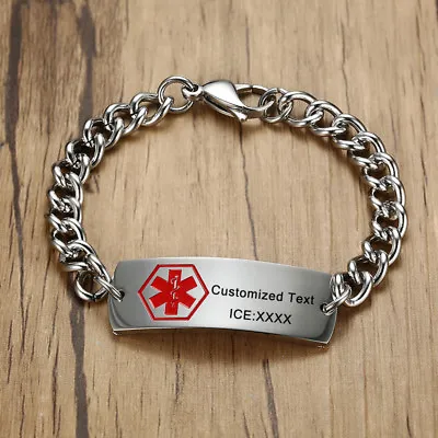 £11.50 • Buy Personalized Women Men Medical Alert ID Bracelet Bangles Chain Stainless Steel