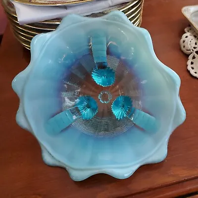 Northwood Blue Opalescent Klondike Fluted Scroll Three Footed Bowl - Gorgeous • $24