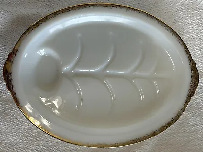Anchor Hocking Fire King Milk Glass W/ Gold Edging Handled Meat Platter Vintage • $51.79