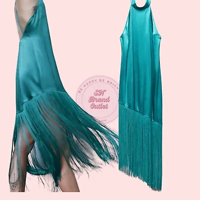 Zara Halter Neck Satin Dress Size Small With Fringing & Open Back Stunning Dress • £35