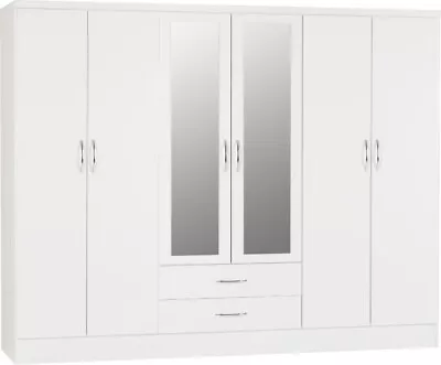 Nevada White Gloss 6 Door 2 Drawer Mirrored Wardrobe • £368.99