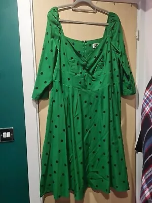 Size 30 Unique Vintage Plus Size Green & Navy Polka Dot Lamar Swing Dress 5XL • $62.21