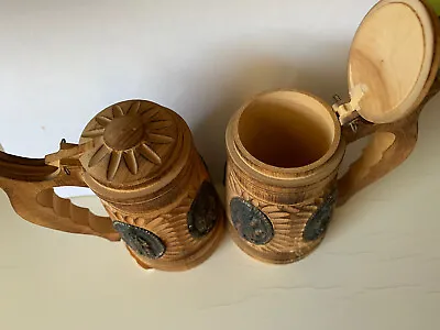 Vintage Wooden Souvenir Two Mini BEER Mugs With Lid & Copper Decor Ukraine 1980 • $6