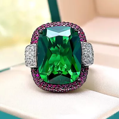 New Big Rectangle Green Citrine Gemstone Black Gold Fashion Women Silver Ring • $12.99