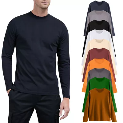 Mens Long Sleeve T-Shirt 100% Cotton Plain Crew Round Neck Casual Tee Tops S-3XL • £4.99
