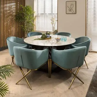 Ceramic Marble Round Dining Table And 6 Chairs Dining Set Green 135cm • £2298.85