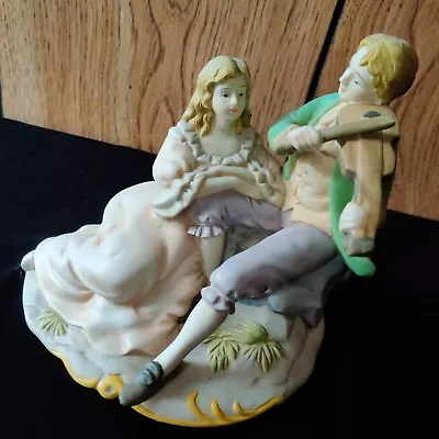 Vintage Boy And Girl Porcelain Figure On Rock Playing Instrument - GREAT COND • $35