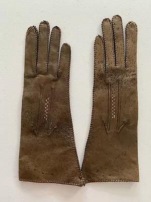 Vintage Gloves Brown Leather  UnLined Gloves Size 7 - Lovely Stitching • $9.99