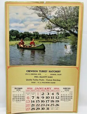 Vtg Calendar Advertising 1952 Crewson Turkey Hatchery Hunting Fishing Duarte Ca • $35