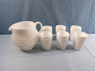 Fenton Milk Glass Hobnail Juice Set - Squat Juice Pitcher & 6 Juice Tumblers • $59.99