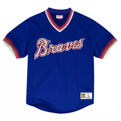 Men's Mitchell & Ness Royal MLB Atlanta Braves Mesh V-Neck Jersey - L • $74.95