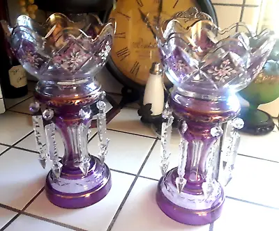 BEST French 19th C AMETHYST Crystal HC Tulip Form Gilt Mantle Lustres◇Florals◇A+ • $1295