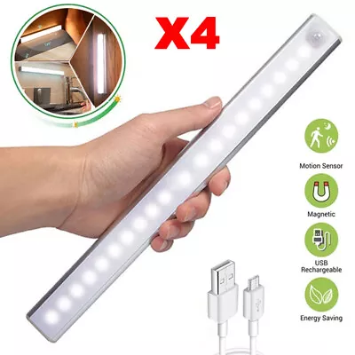 £6.12 • Buy 4X Rechargeable LED PIR Motion Sensor Light Strip Wireless Cabinet Closet Lamp