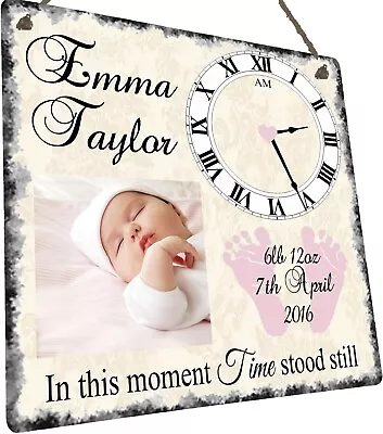 Baby Photo Birth Record Time Stood Still Hanging Metal Wall Plaque Gift Present • £12