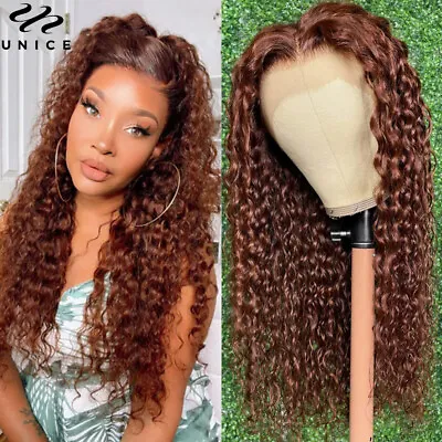 Mongolian Reddish Brown Water Wave 13x4 Lace Front Human Hair Wig Pre Plucked US • $157.58