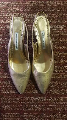 Manolo Blahnik 39.5 Platinum Leather Sling Backs Kitten Heel Leather  US Sz 8.5 • $100