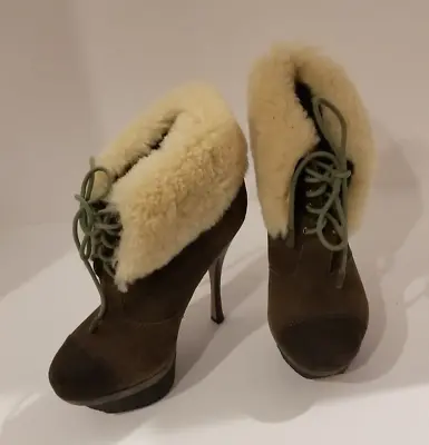 L.A.M.B. Gwen Stefani Size 5.5 Brown Suede Shearling Platform Ankle Booties • $32.92