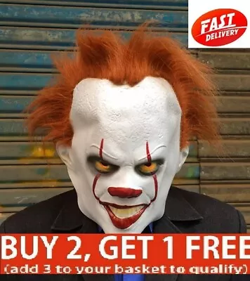 Mask Clown IT Halloween Latex Cosplay Pennywise Head Scary Horror Costume • £7.97