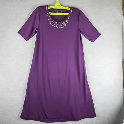 Susan Graver Style Women Shift Dress XS Purple Scoop Neck Short Sleeve Embellish • $28.55