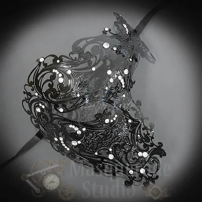 Womens Half Skull Phantom Venetian Filigree Metal Masquerade Mask [Black] • $24.95