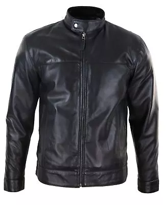 Mens Classic Zip Real Leather Jacket Nehru Grandad Collar Biker Style • £115.49