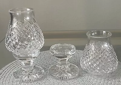 2- Vintage WATERFORD Crystal Alana Pattern 2 Piece Hurricane Lamps Candle Holder • $145