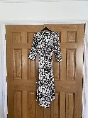 Zara Satin Black White Leopard Print Midi Wrap Dress Size S BNWT • £15