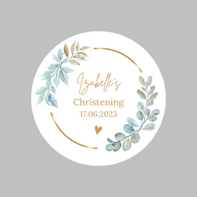 £8.49 • Buy Personalised Round Christening / BaptismStickers Labels Green & Gold Floral 37mm