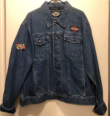 Vintage Harley Davidson Motorcycle Blue Denim Biker Jacket Eagle Flag Size XL • $74.99