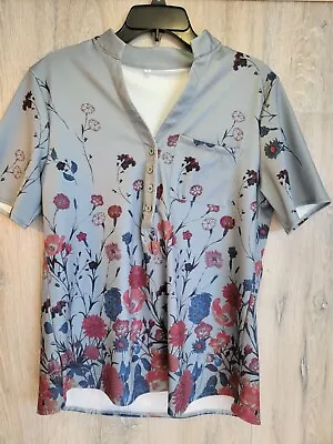 Womens Top Mandarin Collar Medium Unbranded Short Sleeve Floral Blue • $9.95