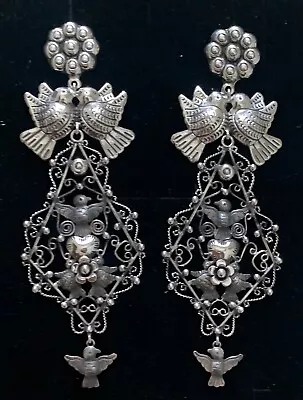 LARGE Mexican Sterling Silver Handmade Bird Frida Kahlo Earrings • $168