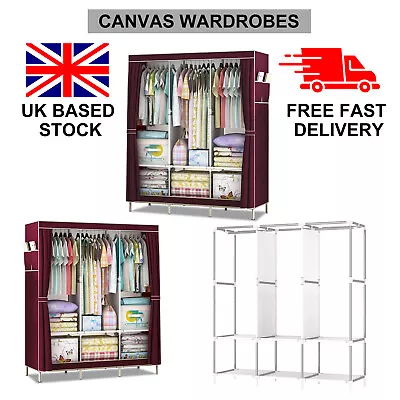 Fabric Canvas Wardrobe Clothes Cupboard Hanging Rail & Storage Drawers Organiser • £18.99