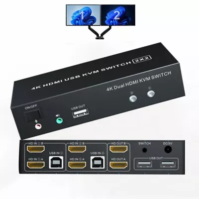 Dual Monitor 2X2 KVM Switch HDMI 4K 60Hz USB KVM Switcher  2 Port For 2 Computer • $69.95