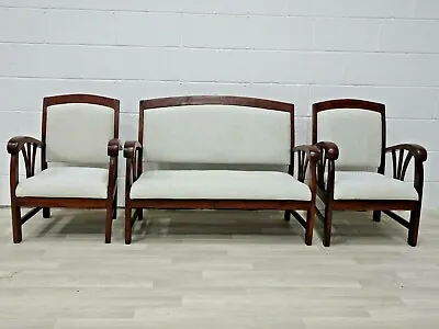 A Quaint Compact  Edwardian  Sofa And 2 Chairs In Cream Woven Fabric • £600