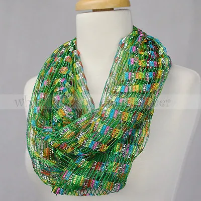 Crochet Spring Summer Infinity Scarf Loop Multi Color Silver Thread Knit Fishnet • $6.95