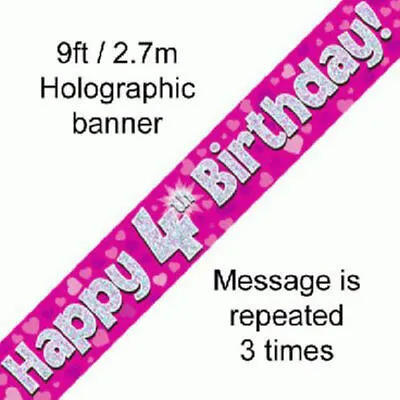 Girls Happy 4th Birthday Party Foil Banner 4 Today Decoration Pink Banners • £2.99