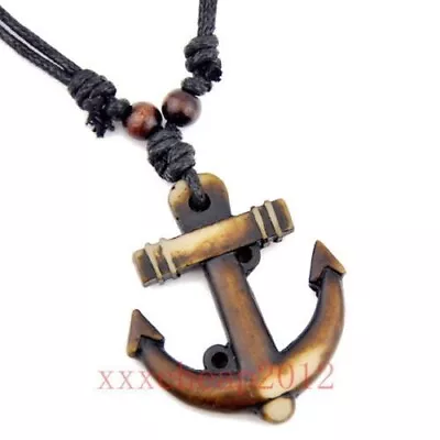 Anchor Necklace Brown Imitation Yak Bone Resin Fisherman Adjustable        T18-3 • $9.87