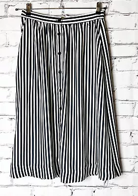 H&M Womens A Line Skirt Size 10 Navy White Striped Button Front Elastic Waist • $17.50