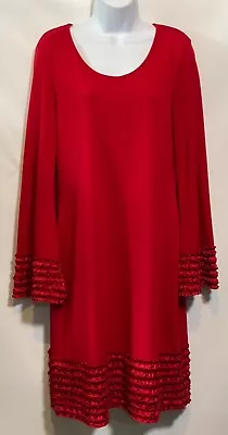 Marc Bouwer M Red Stretch Scoop Neck Bell Sleeve Pullover Border Shift Dress EUC • $19.99