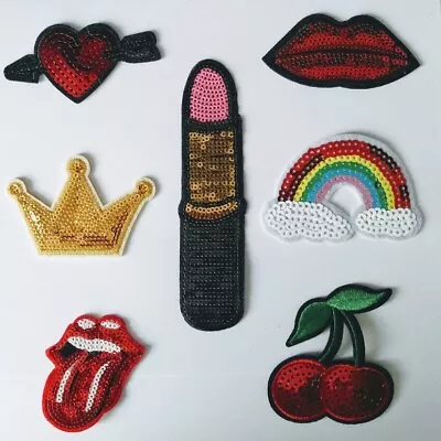 Embroidered Sequin Iron-on Sew-on Fabric Applique Patch Cherries Lips Badge UK  • £2.25