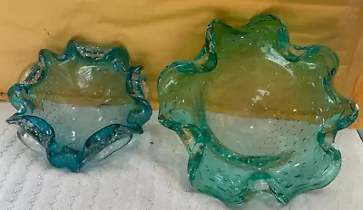 2 Vintage Moreno Flower Art Glass Controlled Bubble Dish Bowl Ashtray Green-blue • $74.99