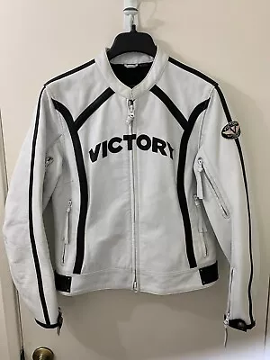 Victory Motorcycle Jacket Womens Large White Leather Full Zip Zipped Pockets • $60