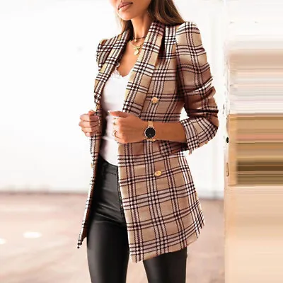 £18.85 • Buy Women's Long Sleeve Plaid Blazer Jacket Ladies Double Breasted Formal Coat Suit