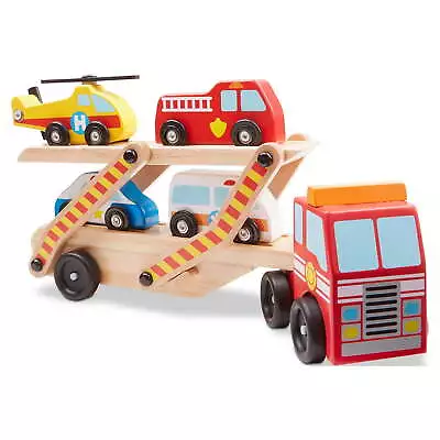 Melissa&Doug Wooden Emergency Vehicle Carrier Truck W/ 1 Truck&4 Rescue Vehicles • $19.99